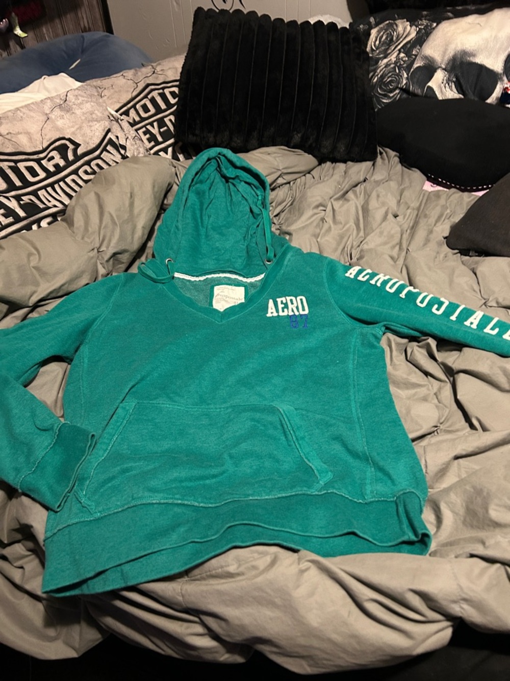 Aeropostale Teal Green Pullover Hoodie with Logo Sleeve